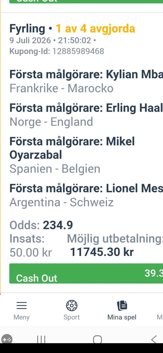 larsgoranedin's tweet photo. Hur kan man bli erbjuden en cashout när 1/4 sitter på minus på insatsen? 🤣 https://t.co/3jktNOPaha