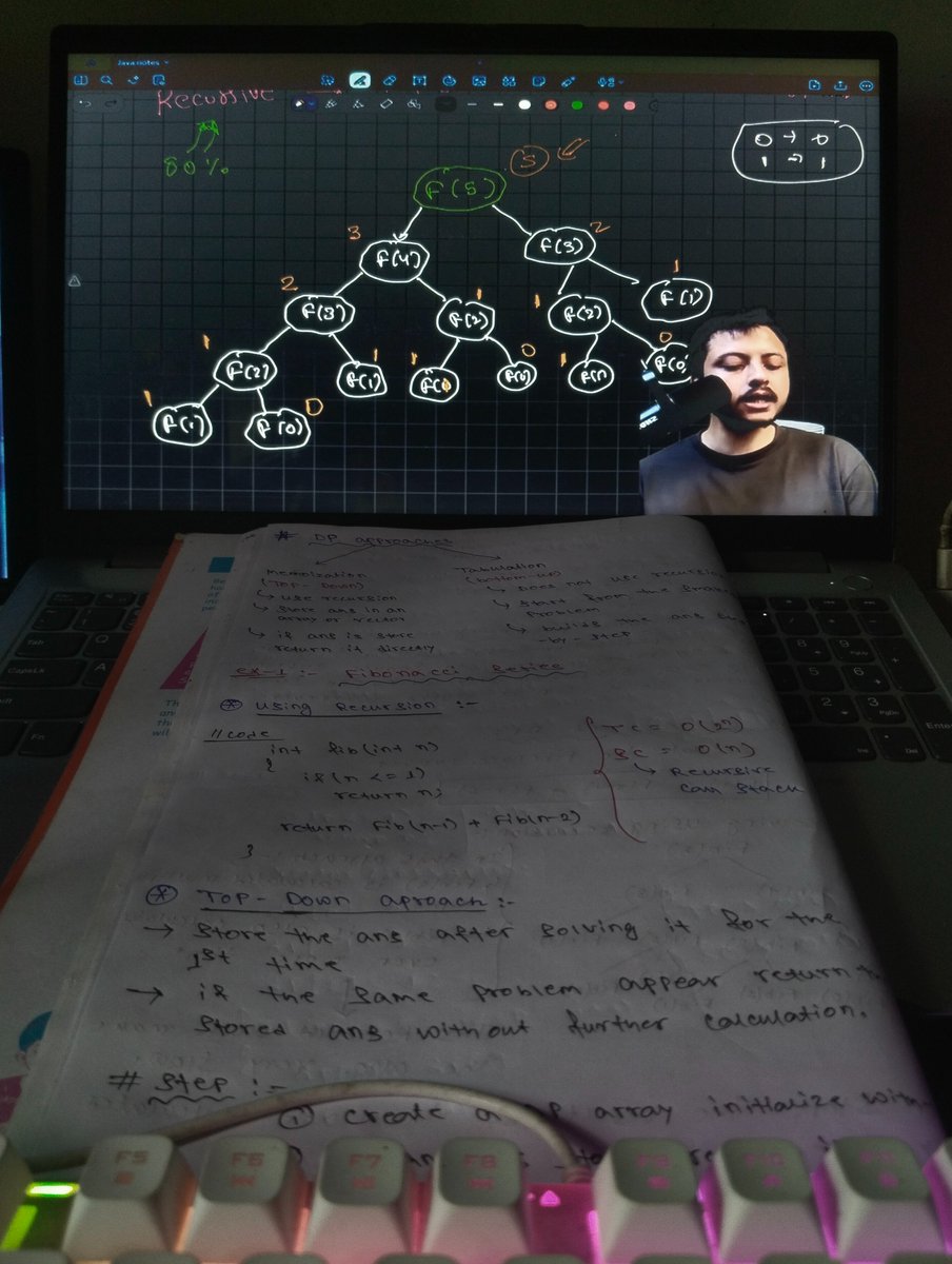 SagarDe713523's tweet photo. 🚀 Day 1/20 of my DP journey!

Today I learned:
✅ What DP is
✅ How DP is used in AI models like ChatGPT &amp; Claude
✅ Solved the Fibonacci problem using Recursion, Top-Down, Bottom -Up, Space - Optimization
Thank you @rohit_negi9 @CoderArmy 
#CoderArmy #dp20 #CPP #DSA https://t.co/qK1iVX6eZ3