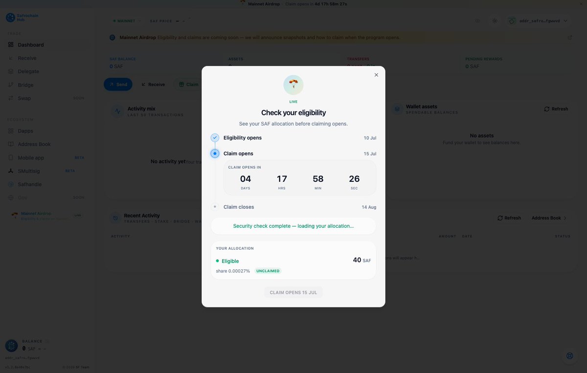 safrochain's tweet photo. Airdrop allocations are now visible on Safrochain Hub
Head over to the platform- https://t.co/yBXxLnlm0t
 
and click on Mainnet Airdrop 
 
to check your Eligibility status, explore your rewards, and see exactly what you’ve received.

Claims will officially open on July 15th, so make sure you're ready and don’t miss out !