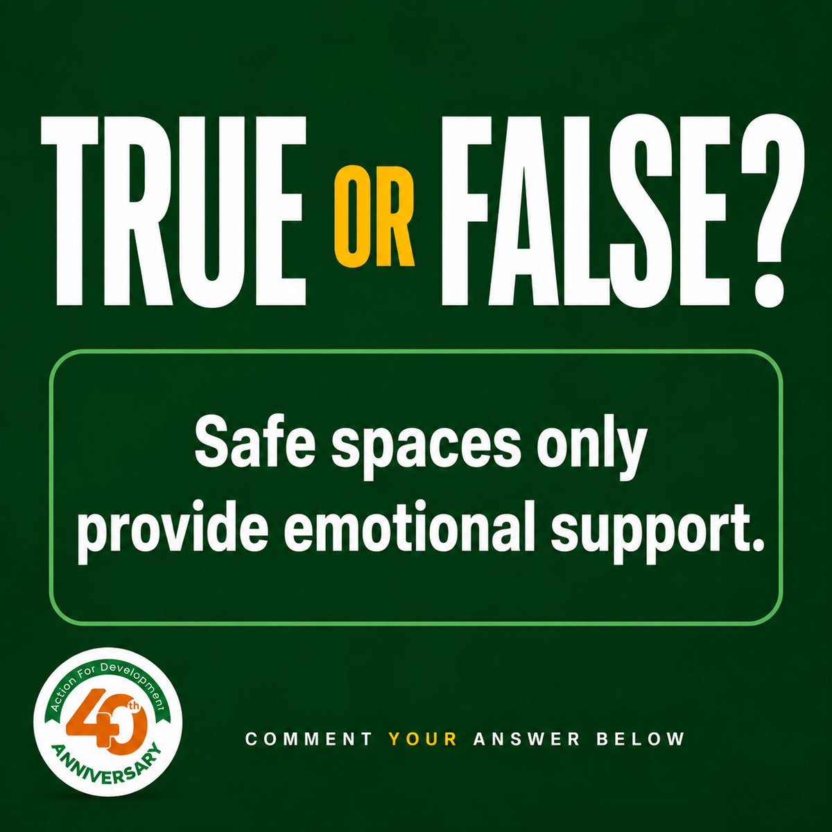 acfode's tweet photo. True or False?

Share your answer in the comments! We'll reveal the answer and explore the important role safe spaces play in supporting and building stronger communities.

#SafeSpaces #EndGBV #Peacebuilding #WomenEmpowerment #GenderEquality https://t.co/xK465QvmXC