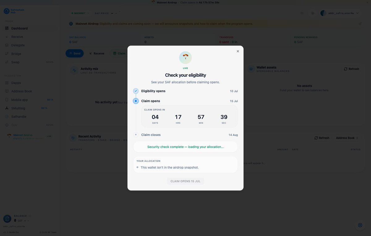 safrochain's tweet photo. Airdrop allocations are now visible on Safrochain Hub
Head over to the platform- https://t.co/yBXxLnlm0t
 
and click on Mainnet Airdrop 
 
to check your Eligibility status, explore your rewards, and see exactly what you’ve received.

Claims will officially open on July 15th, so make sure you're ready and don’t miss out !