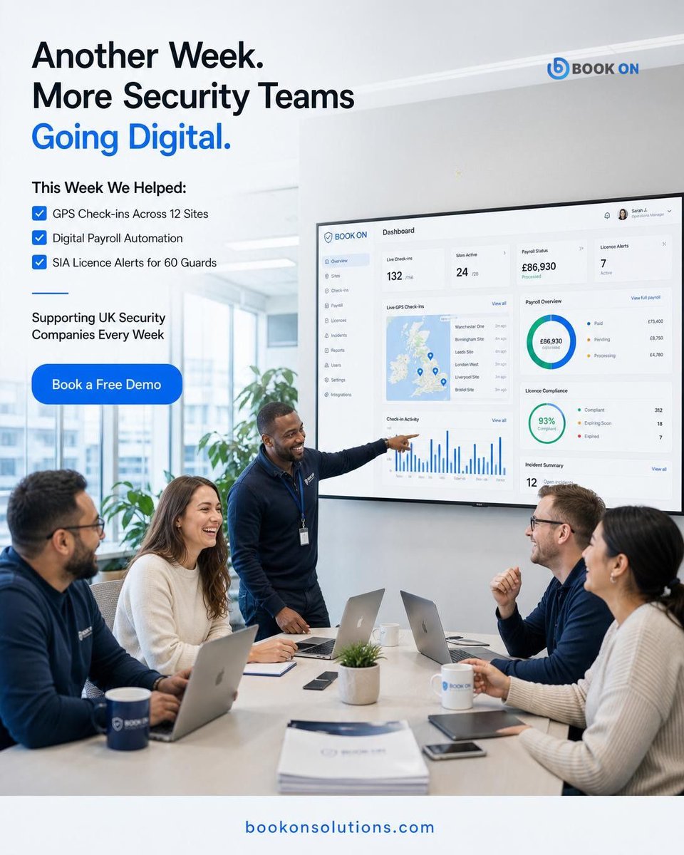 Bookonsolution1's tweet photo. Friday recap 👇
This week we helped a UK security company:
✅ GPS check-ins across 12 sites
✅ Automated digital payroll
✅ SIA licence alerts for 60 guards
⏱️ Live in just 48 hours.
Purpose-built security software https://t.co/tue8SqAXsh
#UKSecurity #SecurityTech #FridayFeeling https://t.co/wa2zGmZp6g