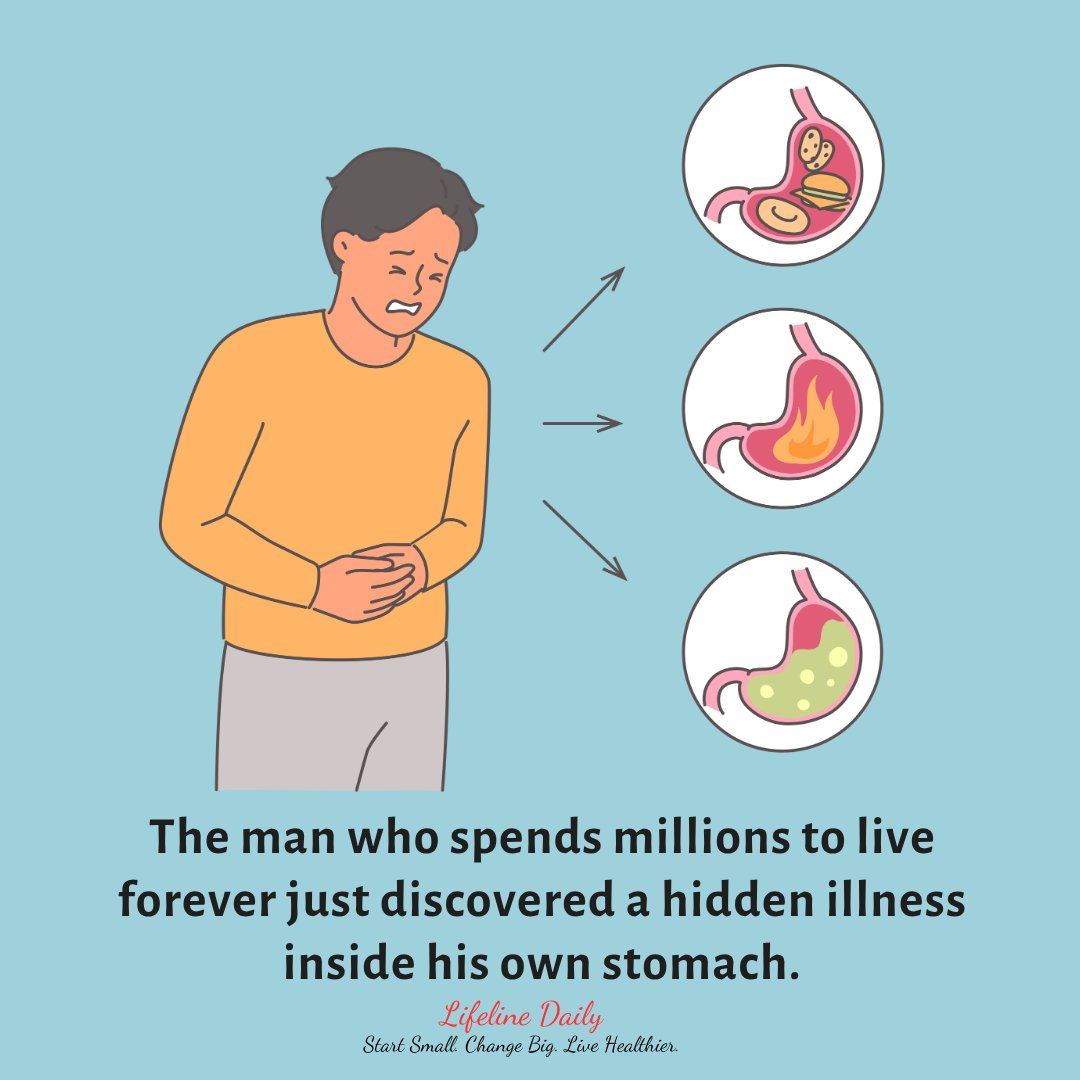 LifelineDaily's tweet photo. Famous #longevity entrepreneur Bryan Johnson just shared that he has a rare stomach condition. 

He is famous for #Biohacking. This means using deep data, tracking tools, and strict habits such as intermittent fasting, ice baths, and plasma transfusion to upgrade your body so you can live much longer.

But a recent test showed his immune system has been accidentally attacking his own stomach lining.

This condition is called autoimmune #gastritis. It blocks the stomach from absorbing vital nutrients like iron. 

It often forms silently over many years without any warning signs, showing how we treated our bodies in the past leaves a deep footprint inside us.