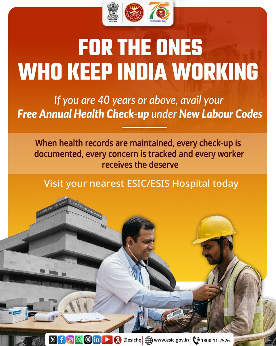ESIC_RO_Odisha's tweet photo. Every worker who powers India deserves care that stays with them!If you are 40 years or above, avail your free annual health check-up under the New Labour Codes.
With health records in place, check-up counts.
Visit your nearest ESIC/ESIS Hospital today.
#ESIC
#FreeHealthCheckup https://t.co/FPoYptB1Zj