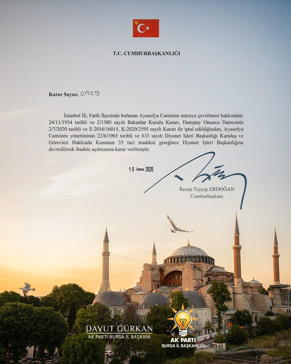 davutgurkan's tweet photo. Yıllar boyunca gönüllerde taşınan büyük hasret, Cumhurbaşkanımız Sayın Recep Tayyip Erdoğan’ın güçlü iradesi ve kararlı duruşuyla sona erdi. Ayasofya’nın mahzun bekleyişi bitti, zincirleri kırıldı; aslına yeniden kavuştu hamdolsun. 

Ecdadımızın emanetine sahip çıkan ve Ayasofya’yı yeniden gerçek kimliğiyle buluşturan Cumhurbaşkanımız Sayın Recep Tayyip Erdoğan’a şükranlarımı sunuyorum. Rabbim minarelerinden ezan sesini eksik etmesin.