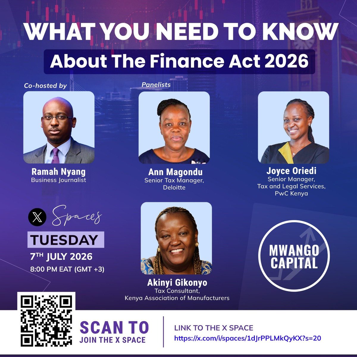 MwangoCapital's tweet photo. Thank you for joining us earlier this week on #MwangoSpaces for our discussion on the Finance Act 2026, featuring Ann Magondu (Deloitte), Joyce Oriedi (PwC Kenya), and Akinyi Gikonyo (Kenya Association of Manufacturers).

🎧 Relisten here: https://t.co/rgTAJq1Aj7

A few key takeaways:

— The Finance Act 2026 introduces significant changes to Kenya's tax regime, including new withholding tax rules, amendments to VAT and excise duty, and measures targeting cross-border transactions and the digital economy.

— Merchant service and interchange fees are now subject to withholding tax, while payment processing services lose their VAT exemption, increasing compliance requirements and potentially raising the cost of digital payments.

— New rules on indirect transfers of Kenyan assets and higher withholding tax on dividends paid to EAC investors could influence how foreign investors, private equity firms, and regional investors structure investments into Kenya.

— The Act also revises VAT refund rules, introduces targeted VAT relief for selected sectors, removes excise duty on bottled water, and adjusts excise rates on products such as juices, tobacco, alcohol, and imported sugar.

— While several contentious proposals were dropped following public participation, the panel noted that the Act continues to prioritise revenue mobilisation, with businesses expected to navigate a more compliance-focused tax environment.