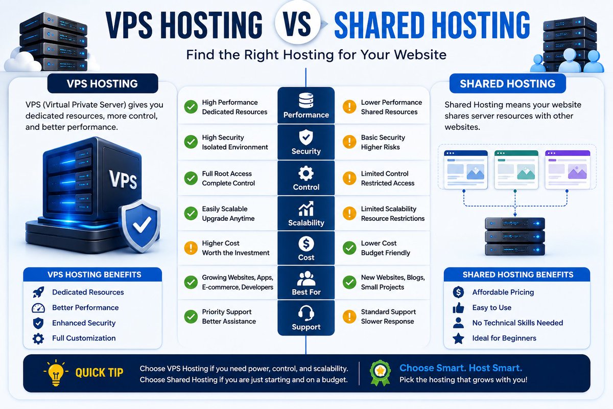 vpshostingusa's tweet photo. ⚡ VPS vs Shared Hosting — Which one powers your website?

🌐 Shared Hosting = Simple &amp; budget-friendly
🚀 VPS Hosting = More speed, control &amp; scalability

Choose the hosting that matches your growth.

#WebHosting #VPSHosting #TechTips https://t.co/BwcI5inOjx