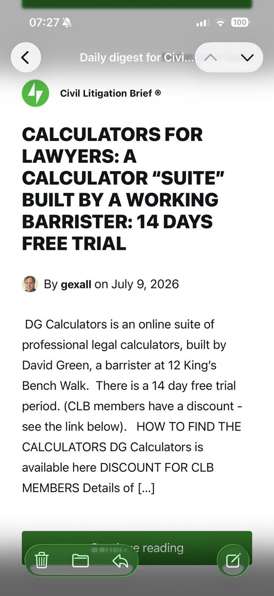 itsdavegreen's tweet photo. If you receive the @CivilLitTweet daily email, watch out for Gordon’s post about DG Calculators - including a 20% discount code for Civil Litigation Brief subscribers. https://t.co/l2hSnttYjD