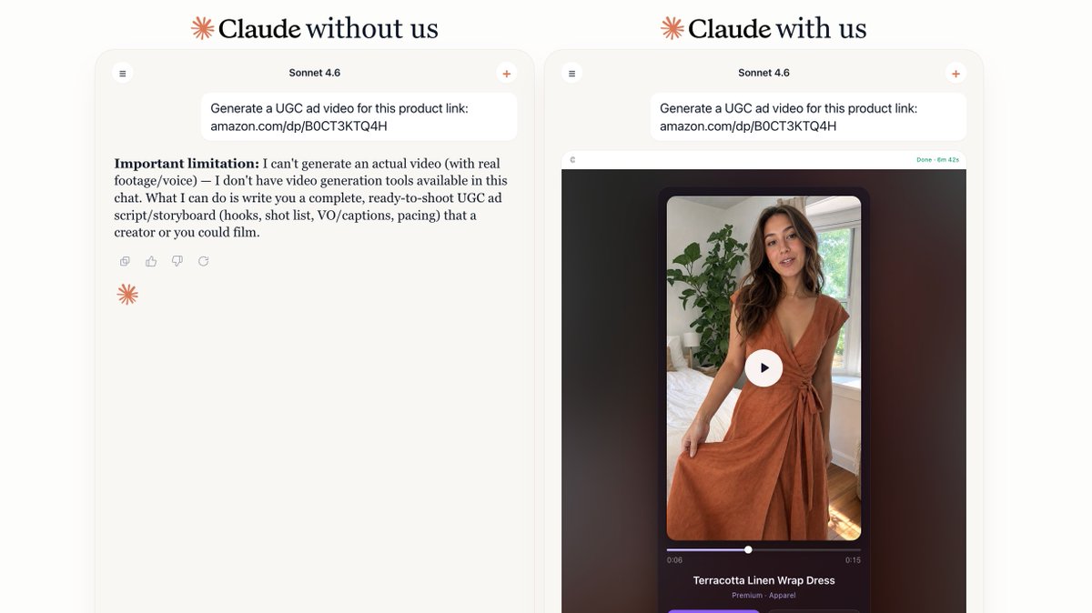 constants2026's tweet photo. 🤑 Claude can now generate UGC Ad Video from any product link