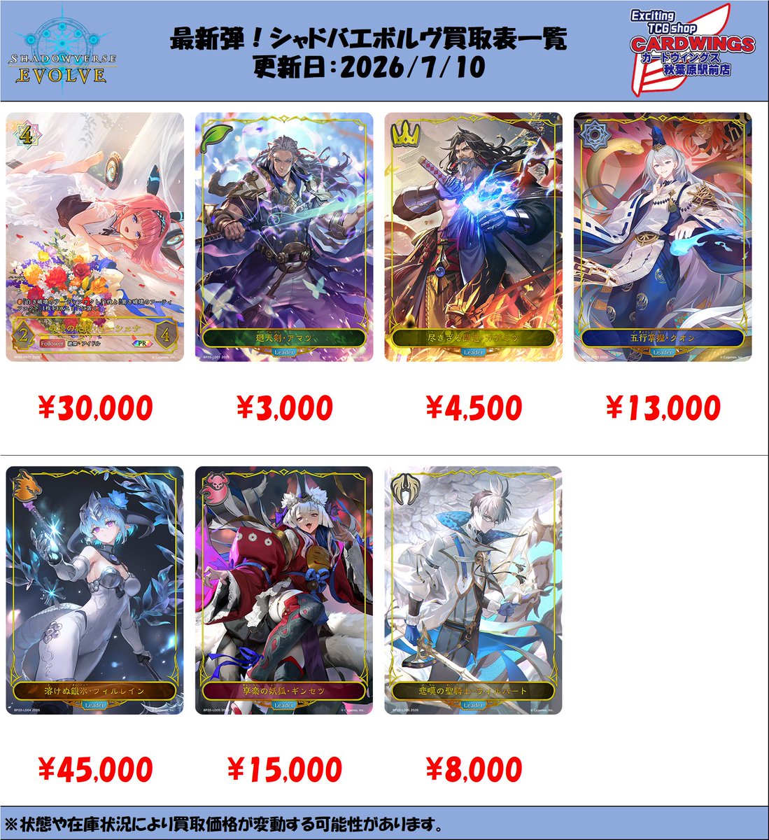 toreca_sv's tweet photo. 【新弾買取情報】
ご来店ありがとうございます！
最新弾の買取表更新しました！
たくさんの持ち込みお待ちしております！！
※買取価格が0円のカードはまとめ買取となります。   
#シャドバ #エボルヴ #カードウイングス https://t.co/boAIZ8HwHf