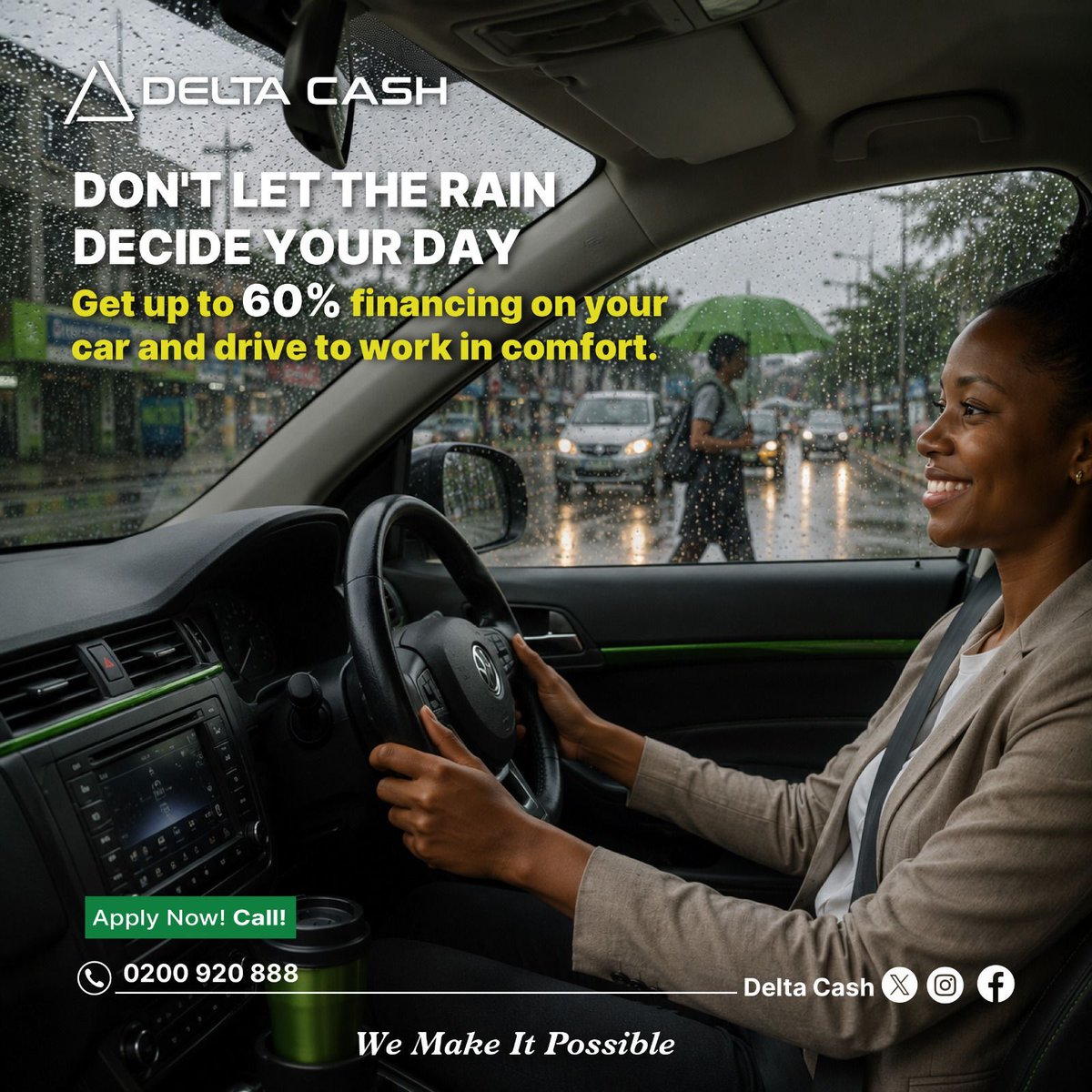 DeltaCashUganda's tweet photo. Rain or shine, your journey shouldn't stop.
Drive the car you need with financing of up to 60% of your vehicle's value and enjoy every trip with confidence.
Call: 0200 920 888 to get Started
#DeltaCash https://t.co/ZLr7mI7TnH