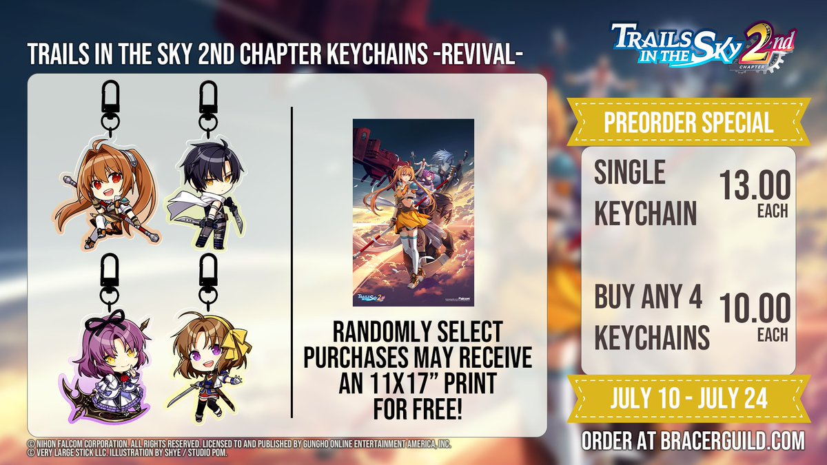 BracerGuildShop's tweet photo. Trails in the Sky 2nd Chapter Keychains are coming back with two new additional keychains! ✨

☁️ Just $13 each!
☁️ Buy any 4 for $40 — only $10 each!
☁️ Cheaper international shipping!

Plus, random orders will receive an 11×17 print during this period! 🎁 https://t.co/QpqmzwB6Sr
