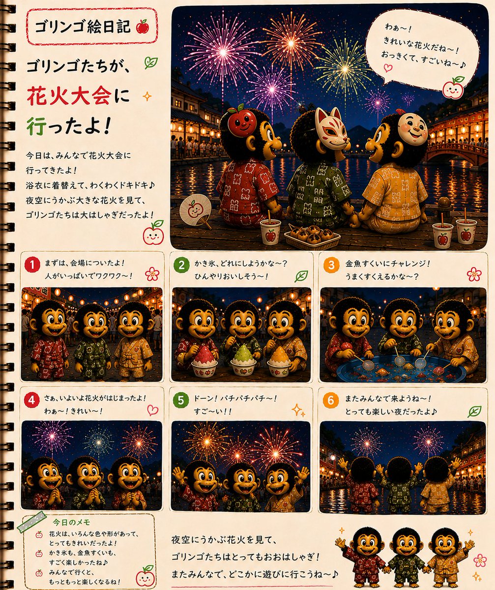 goringo564239's tweet photo. 今日はみんなで花火大会へ✨

かき氷に金魚すくい、
そして夜空を彩る大きな花火🎇
ゴリンゴたちは大はしゃぎでした😊🍎

みなさんは今年、花火大会に行きましたか？

#ゴリンゴ
#絵日記
#花火大会
#夏の思い出 https://t.co/Lr3oRj7ayH