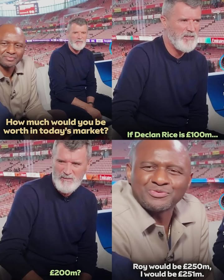 FootballFunnnys's tweet photo. Micah Richards: “What would you cost in today’s market?”

Roy Keane: “If Declan Rice is £100m, I’d be what, £200m?”

Roy’s confidence levels through the roof. 😅

Patrick Vieira’s response afterwards… that’s brilliant 🤣👏🏻 https://t.co/zmxRJgFTm4