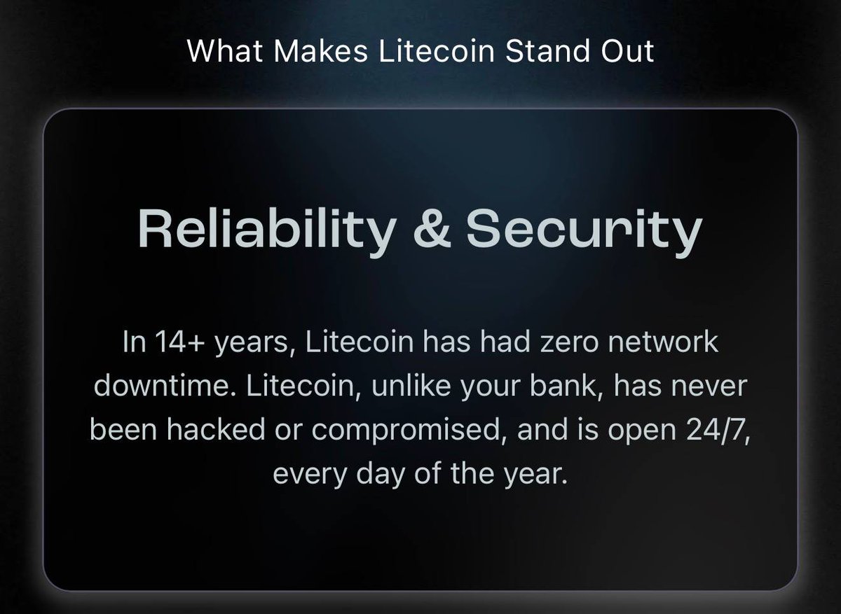 KongBTC's tweet photo. $LTC does not get enough credit for reliability

14+ years

Zero network downtime

Open 24/7

Proof of Work security

Fast, cheap transactions

Litecoin has already proven what most chains are still trying to prove

It works

Every day https://t.co/7zHYRrj2rq