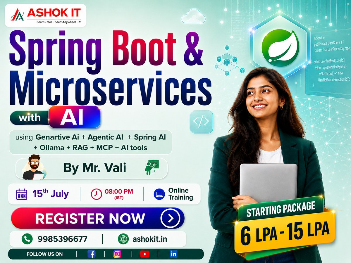ashokitschool's tweet photo. 🔥 Join our Spring Boot &amp; Microservices with AI – Online Training
📲 Register Now: https://t.co/nAVuA2Gp6j

👨‍🏫 Trainer: Mr. Vali

📅 Starting: 15th July
🕗 Time: 08:00 PM (IST)
💻 Mode: Online Training

#SpringBoot #Microservices #Java #JavaDeveloper #SpringAI #GenerativeAI https://t.co/jbFX3pGwsh