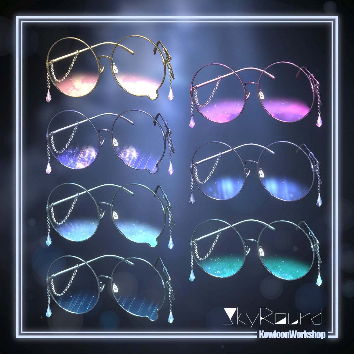 KowloonWorkshop's tweet photo. ✧✦✧✦新作アイテム販売開始しました✦✧✧✦

大きな丸眼鏡に「空」を閉じ込めました。
揺れるチェーンにはクリスタルをあしらい、動くたびにきらりと輝きます。

鼻あての位置やツルの角度・長さは細かく調整可能。 さまざまなアバターに自然にフィットするよう仕上げています。

涙付きの丸眼鏡と涙のないシンプルな丸眼鏡の2パターンを用意してみました。お好みの方をお使いください。
 #KowloonWorkshop

🔽Boothのページはこちら🔽
https://t.co/991mN94bPZ