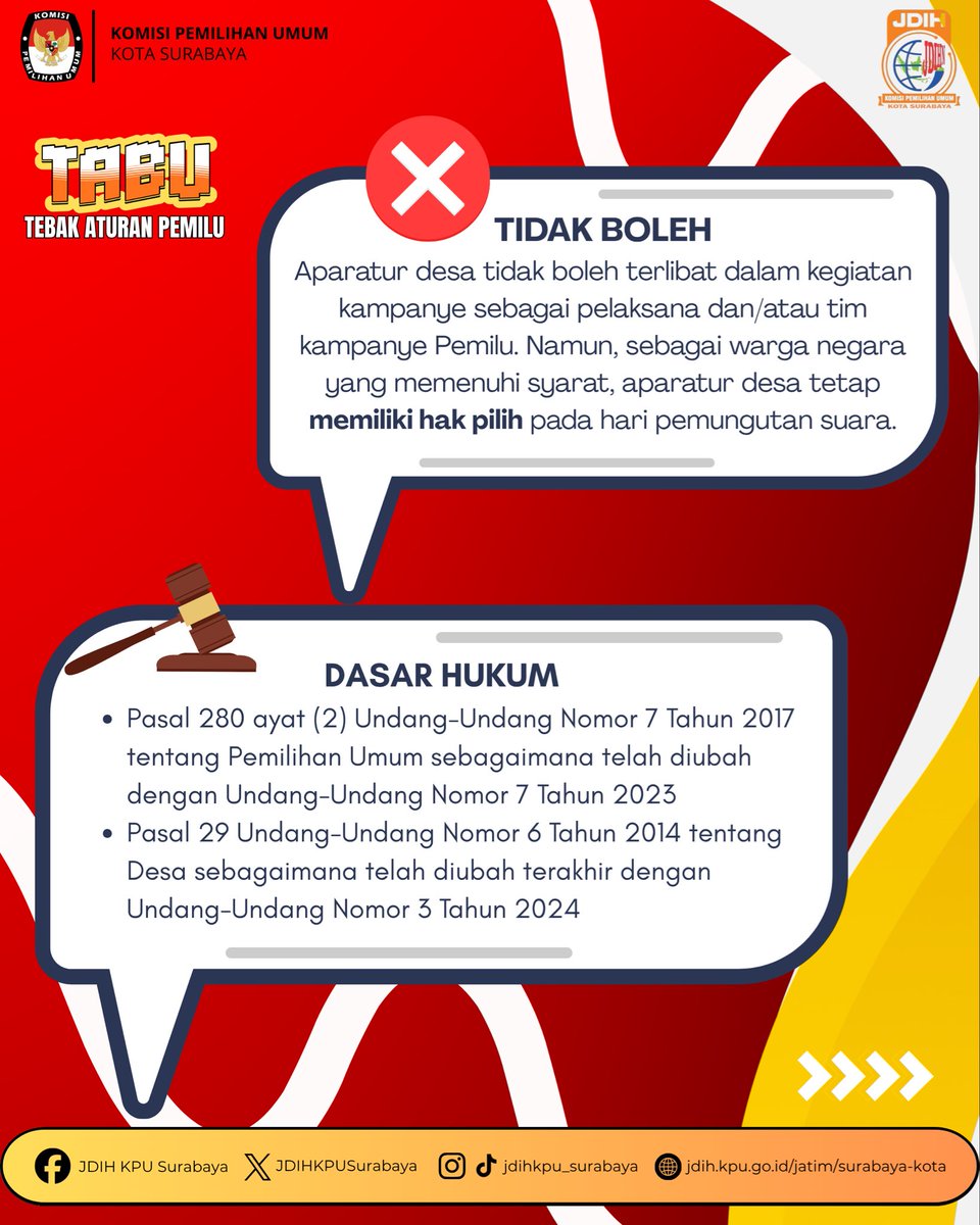 JDIHKPUSurabaya's tweet photo. 📢 TABU #04: Apakah Aparatur Desa Boleh Berkampanye?
Hai #SobatJDIH👋
Menurut kamu, bolehkah kepala desa, perangkat desa, maupun badan permusyawaratan desa ikut berkampanye? 🤔
Yuk, simak penjelasannya pada postingan berikut! 📚⚖️
#JDIHKPU #KPUSurabaya #TABU https://t.co/6AN37elDmp
