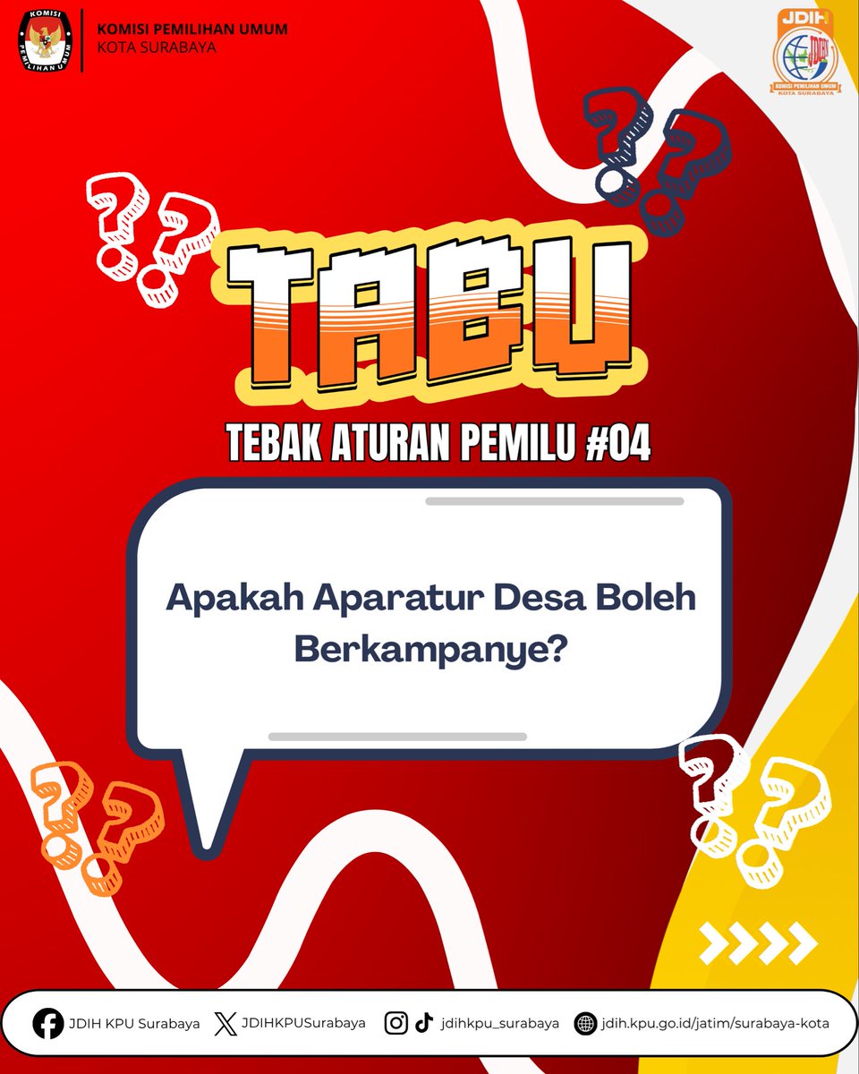 JDIHKPUSurabaya's tweet photo. 📢 TABU #04: Apakah Aparatur Desa Boleh Berkampanye?
Hai #SobatJDIH👋
Menurut kamu, bolehkah kepala desa, perangkat desa, maupun badan permusyawaratan desa ikut berkampanye? 🤔
Yuk, simak penjelasannya pada postingan berikut! 📚⚖️
#JDIHKPU #KPUSurabaya #TABU https://t.co/6AN37elDmp