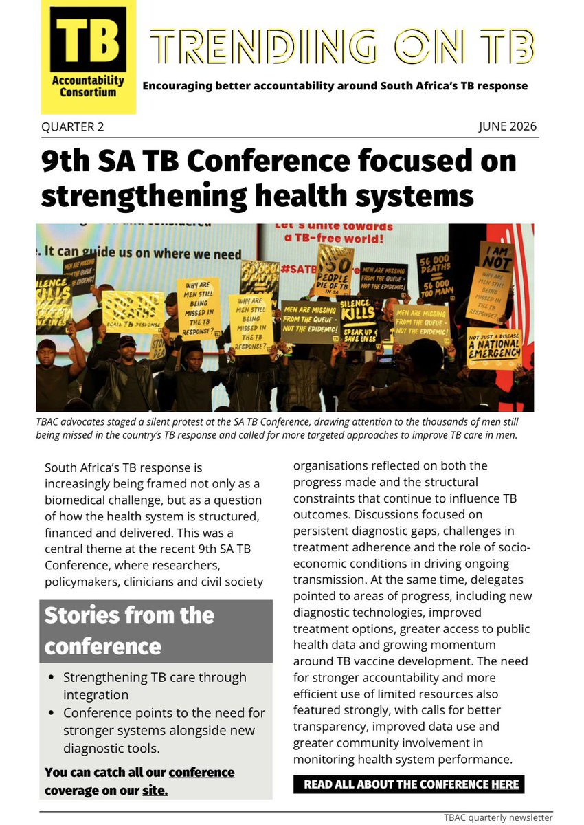 TBAC_sa's tweet photo. ICYMI 🚨 | Catch up on the latest @TBAC_sa quarterly newsletter for 2026.

From key discussions at the 9th SA TB Conference and reflections from the @TBAC_sa’s annual convening, to how AI is transforming TB screening and other key moments from the quarter. 

Read on what you may have missed here: https://t.co/dfE0bCEsJX