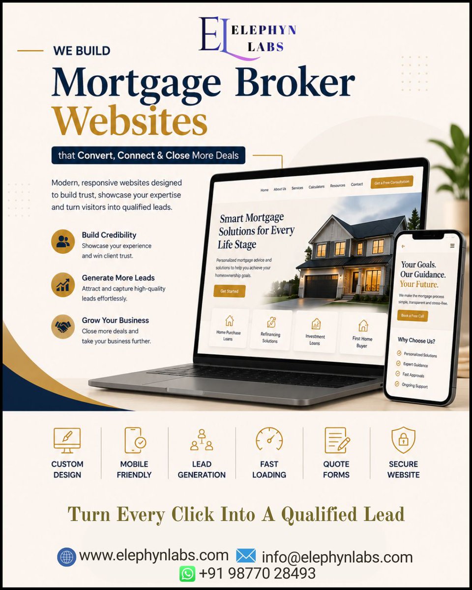 elephynlabs's tweet photo. Smart websites for smarter Mortgage Brokers.

#ElephynLabs #MortgageBroker #MortgageWebsite #WebDesign #BusinessWebsite #LeadGeneration #ResponsiveWebsite #CustomWebsite  #MortgageBrokerCanada #MortgageBrokerUSA  #MortgageBrokerUK #MortgageBrokerAustralia #MortgageNewZealand https://t.co/SAnGYBdbob