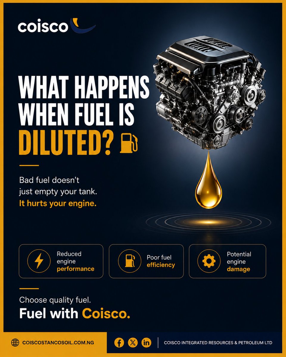 coiscopetltd's tweet photo. WHAT HAPPENS WHEN FUEL IS DILUTED? ⛽

⚠ Reduced engine performance
⚠ Poor fuel efficiency
⚠ Potential engine damage

Choose quality fuel.

Fuel with Coisco.

#Coisco #FuelQuality #DriveSmart #EngineCare https://t.co/K1YHLzz2tc