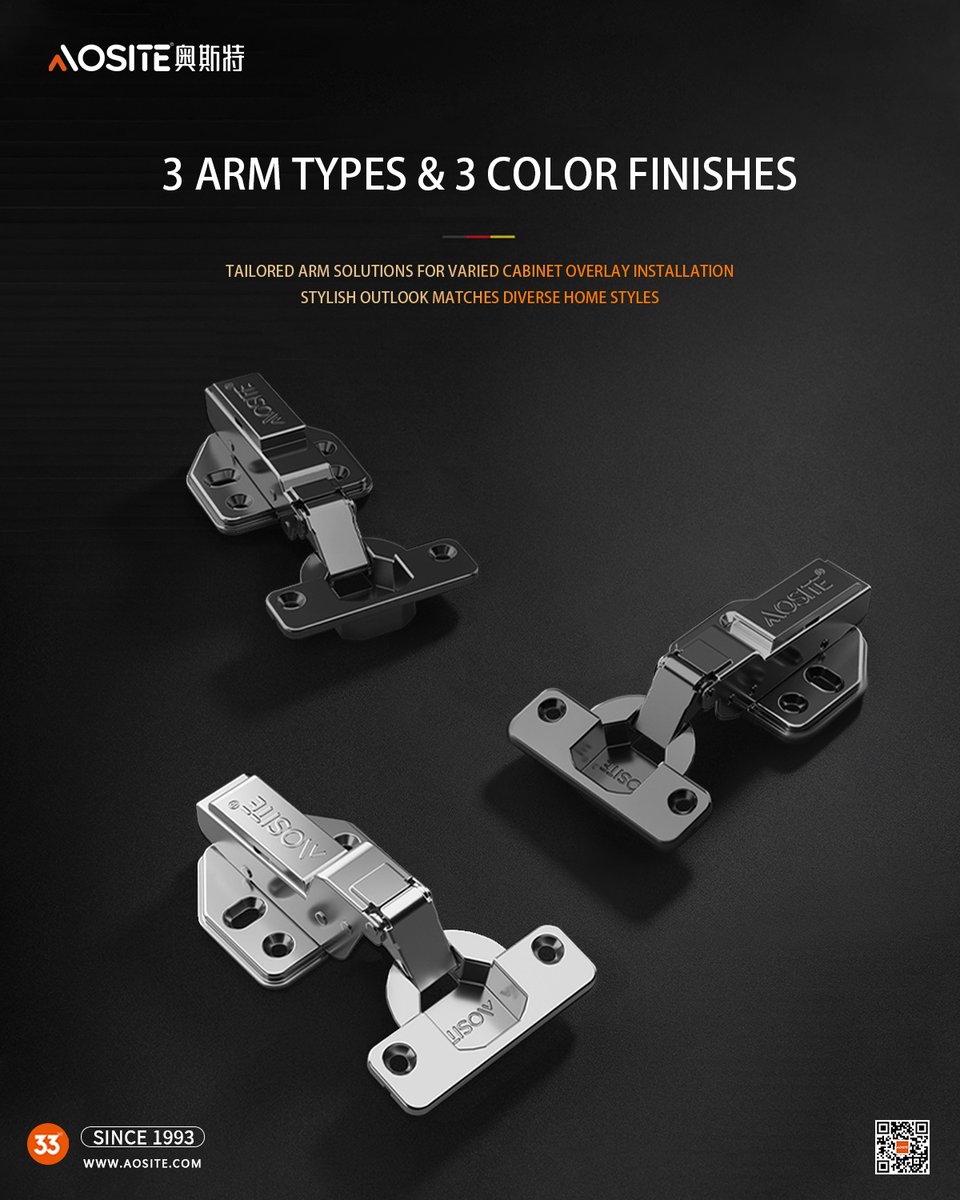 AositeHardware's tweet photo. 3 hinge arm styles + 3 premium surface finishes✨
Tailored for different cabinet overlay installation needs, delivering premium textures to complement all home decor styles effortlessly.
#AOSITEHardware #CabinetHinge #HomeHardware #CustomHomeCabinetry https://t.co/oEAwZ32RO8
