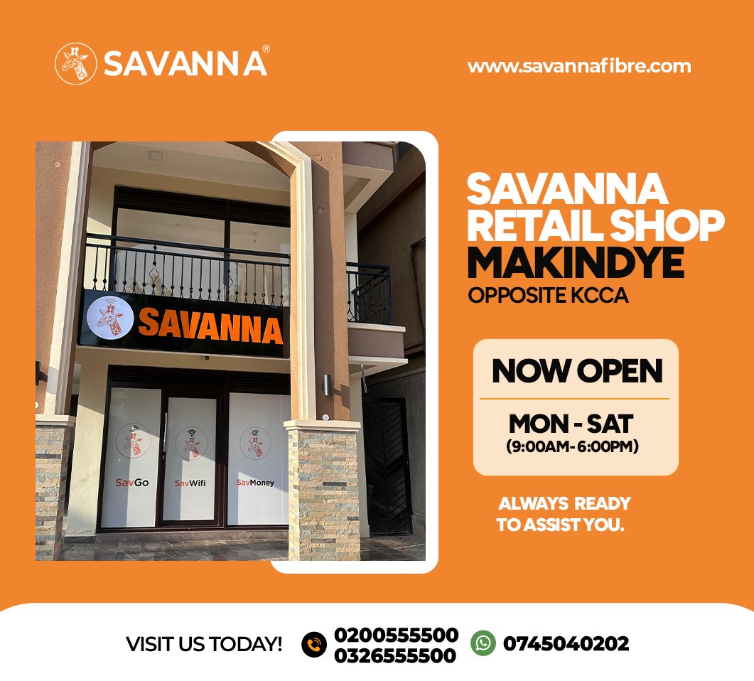savanna_ug's tweet photo. Makindye, we have arrived!
Visit our new Savanna Retail Shop opposite KCCA for all your connectivity needs!
We canβt wait to serve you!
#SAVWIFI #SAVGO #UnlimitedInternet https://t.co/qgXu3krtuk