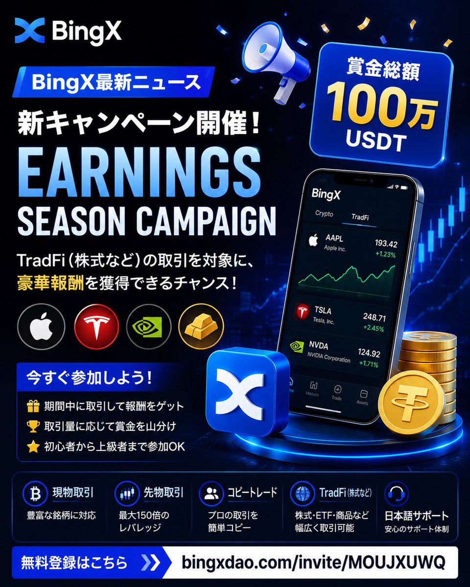 Freedom420888's tweet photo. 📣 BingX最新ニュース

🎉 新キャンペーン開催！

BingXが
「Earnings Season Campaign」を開始！

💰 賞金総額100万USDT

TradFi（株式など）の取引を対象に、
豪華報酬を獲得できるチャンス📈

👇無料登録はこちら
https://t.co/esEQfcNlIT https://t.co/iI6fnK0Kb6