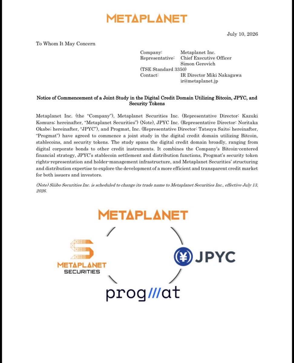 Metaplanet's tweet photo. *Notice of Commencement of a Joint Study in the Digital Credit Domain Utilizing $BTC, $JPYC, and Security Tokens* https://t.co/3Bvm54vWLW