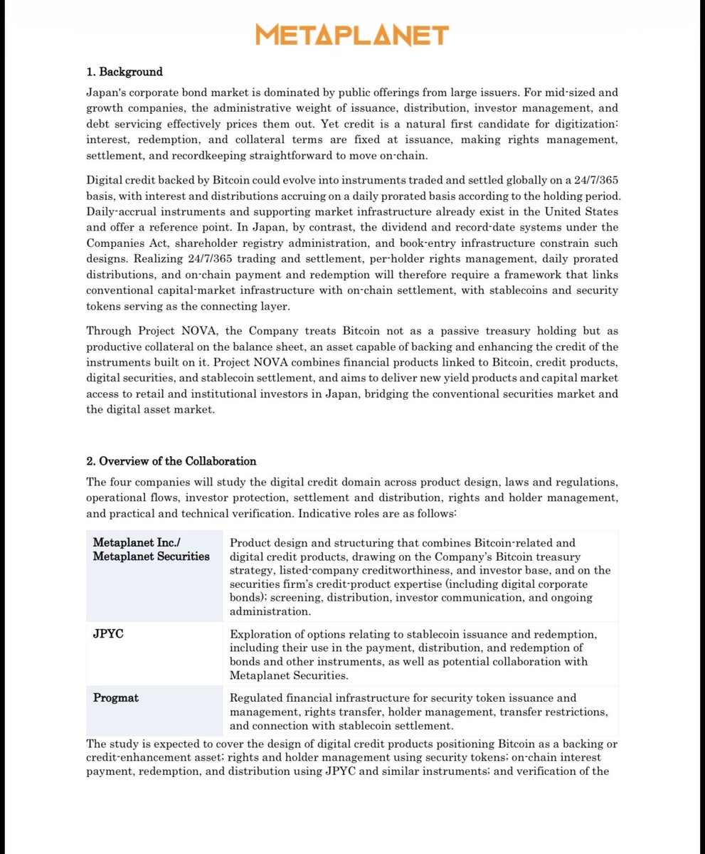 Metaplanet's tweet photo. *Notice of Commencement of a Joint Study in the Digital Credit Domain Utilizing $BTC, $JPYC, and Security Tokens* https://t.co/3Bvm54vWLW