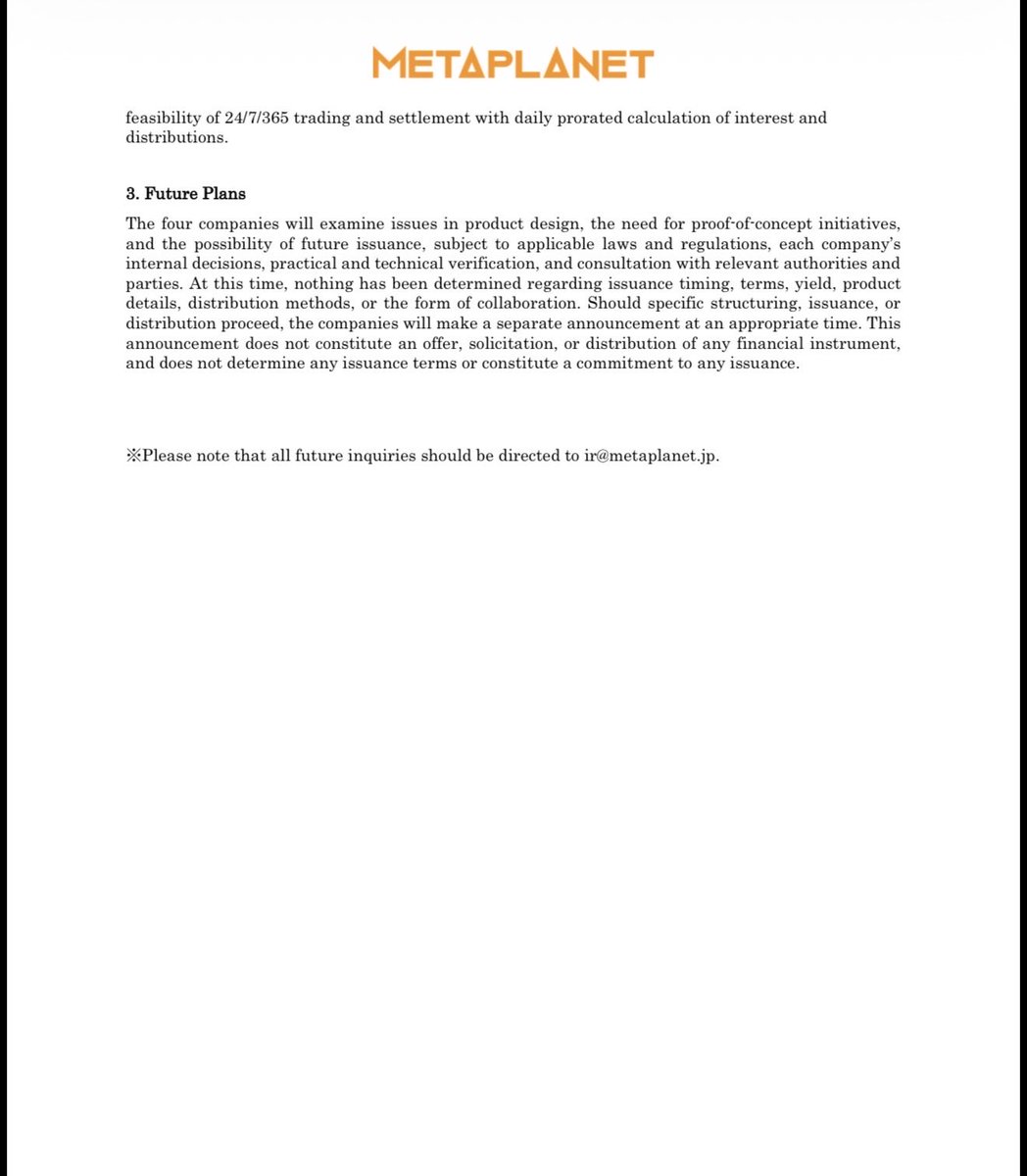 Metaplanet's tweet photo. *Notice of Commencement of a Joint Study in the Digital Credit Domain Utilizing $BTC, $JPYC, and Security Tokens* https://t.co/3Bvm54vWLW