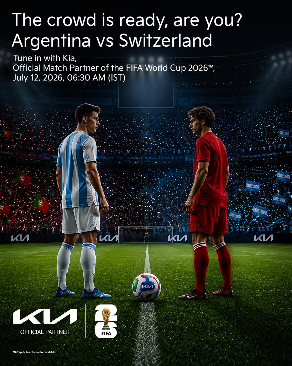 KiaInd's tweet photo. One whistle. One winner. One step closer to glory. ​

The quarter-finals are here. Are you all in for Argentina or Switzerland? Let us know in the comments and catch every moment with Kia, Official Match Partner of the FIFA World Cup 2026™.​

#InspirationConnectsUsAll https://t.co/bPk0NYaepl