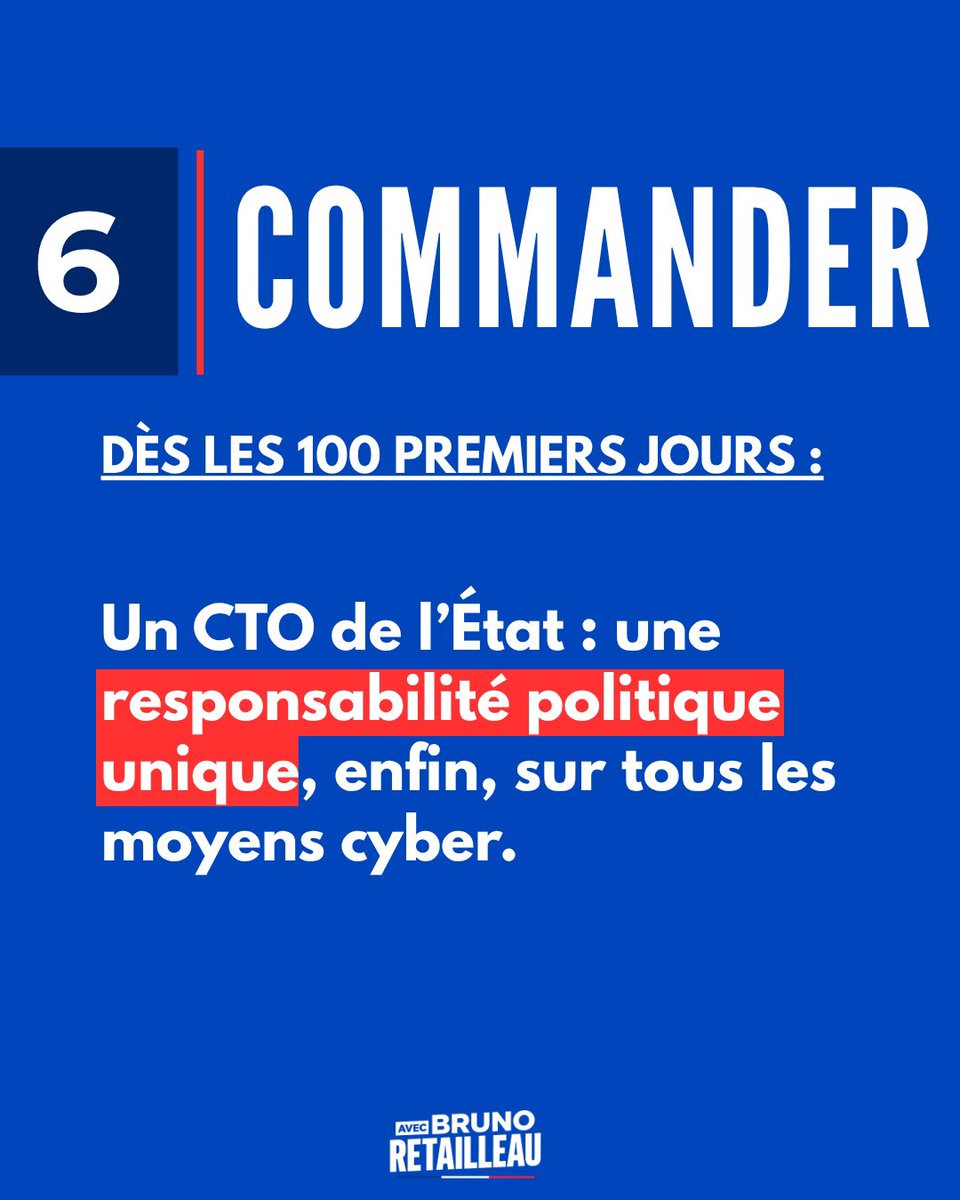 AvecRetailleau_'s tweet photo. 6️⃣ COMMANDER

Un Chief Technical Officer (CTO) de l'État : une responsabilité politique unique, enfin, sur tous les moyens cyber. https://t.co/qQwBhwHaLJ