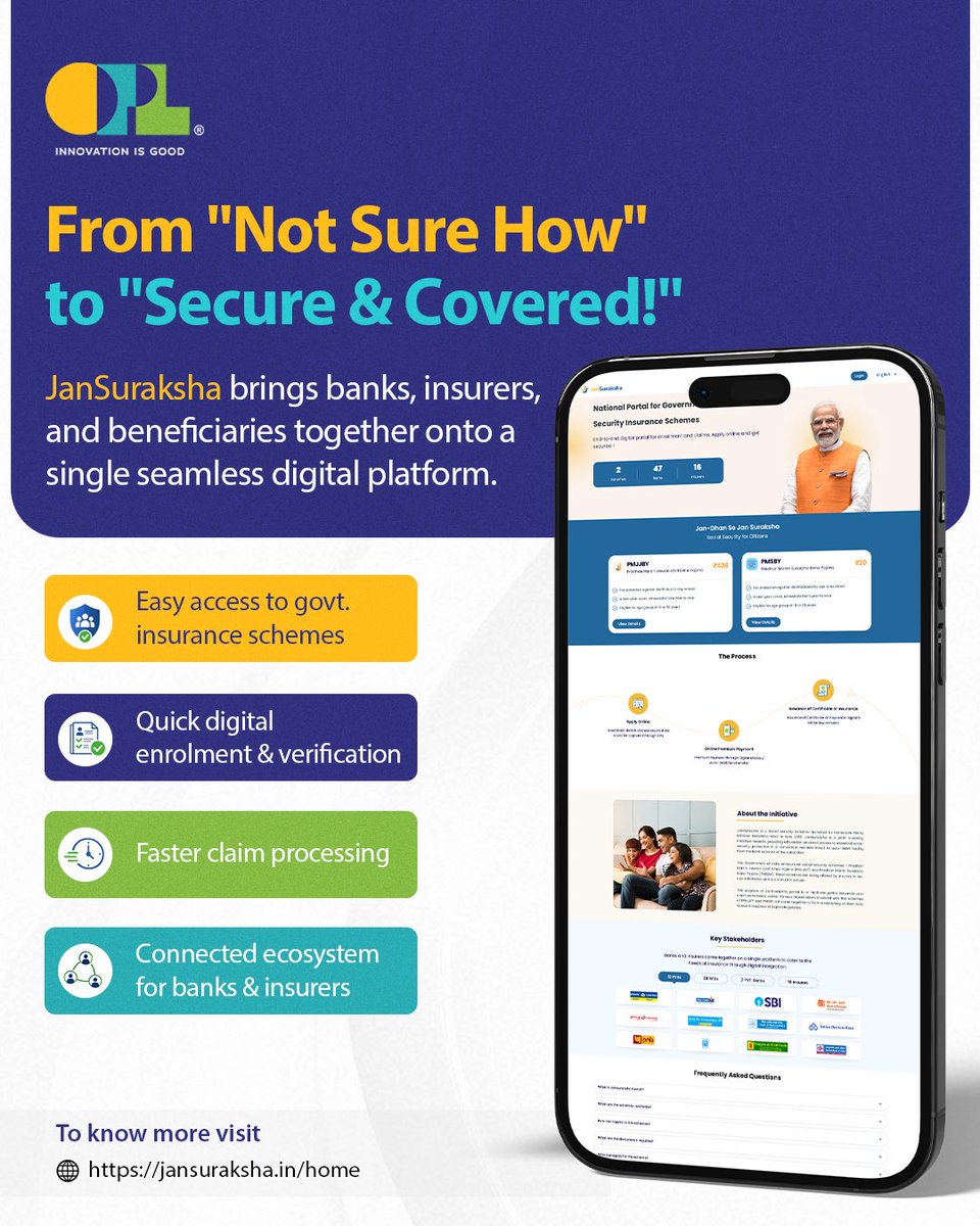 OPLinnovate's tweet photo. Simplify social security insurance with seamless enrolment and faster claims processing 🛡️
Explore JanSuraksha today and expand financial inclusion through smarter banking → https://t.co/0F00AQS3lN
#OPL #JanSuraksha #DigitalInsurance #FinancialInclusion #BankingTechnology https://t.co/pgTAfWOzro