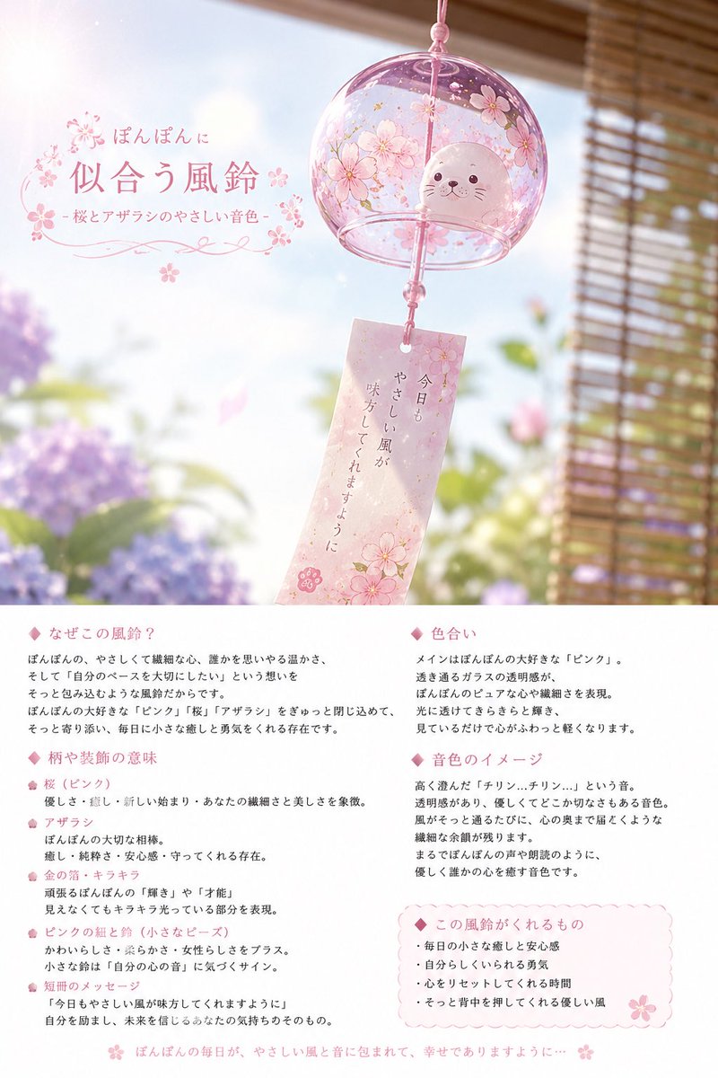 pon_pon_opon's tweet photo. わたしぽい 風鈴 の
プロンプト 作ってみたよお

風鈴🎐の音色って
涼しげで いいよね☺️

みんなは どんな 風鈴になるかな？
良かったらみせてねᐕ)ﾉ

プロンプトは コメントに⬇️ https://t.co/R1k8qcmUQ4