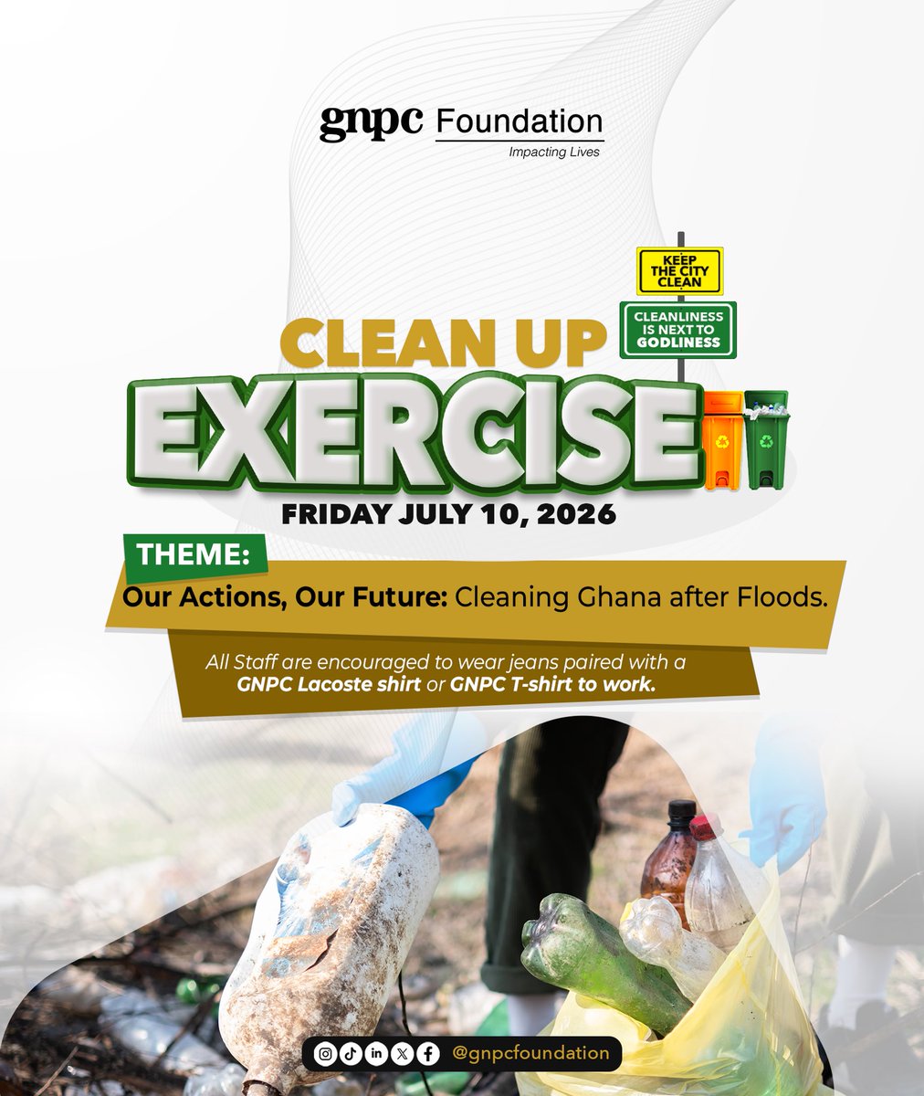 GNPCFoundation's tweet photo. Pursuant to the directive of H.E., the President of the Republic of Ghana, the GNPC FOUNDATION joins the nationwide clean-up exercise this morning to keep our environment clean and healthy.

Together, let’s make Ghana cleaner, greener, and healthier for all.

#KeepGhanaClean https://t.co/nJDsqGihzJ