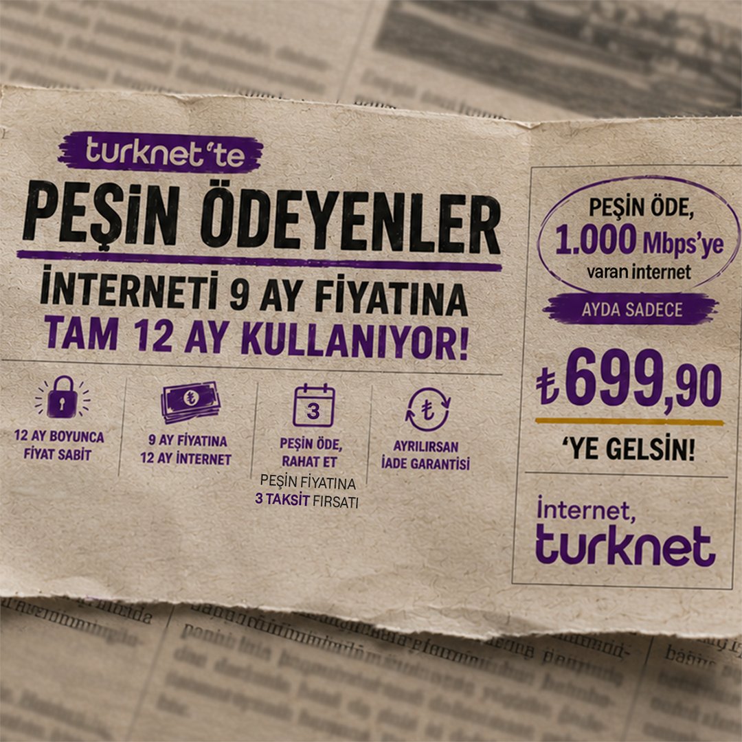 Turknet's tweet photo. 12 Aylık Peşin Ödeyen Turknetliler Fiyatı Sabitliyor, Ayda ₺699,90 Ödüyor!