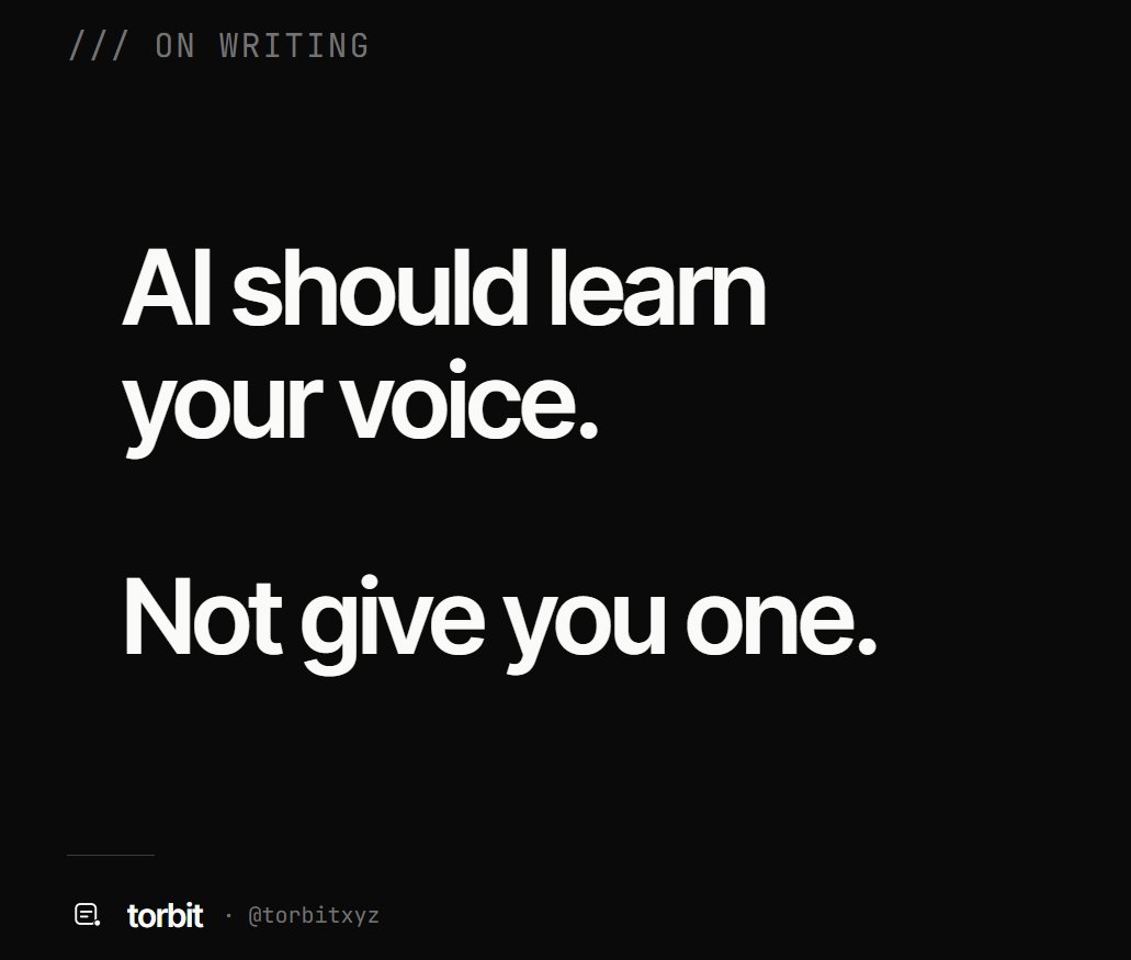 torbitxyz's tweet photo. Most AI writing tools teach everyone the same style.
After a while, you can spot it before you finish the first sentence.

We think AI should learn how you write.
Not teach you how to sound like AI.

That's the future we're building toward with Torbit. https://t.co/9u7SVNhBso