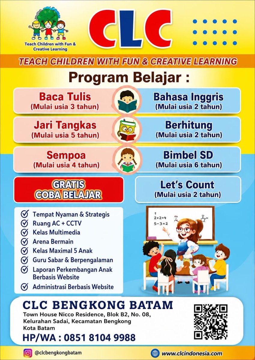 shiyuckli's tweet photo. Halo Mama 😊💛

CLC (Clover Leaf Course) Bengkong, Batam akan hadir pada tanggal  24 Juli 2026🎉

Saat ini CLC membuka FREE Trial Class serta GRATIS Biaya Pendaftaran khusus dalam rangka Grand Opening. ✨
📲 Hub admin : https://t.co/fkFiPUTJjA #zonauang #batam https://t.co/C4MDMuGG5Y