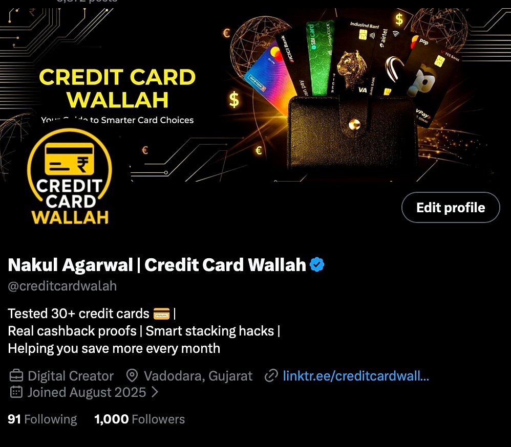 creditcardwalah's tweet photo. 🎉 1,000 ORGANIC FOLLOWERS! 💙✅

Started with a single post. Today, we're 1,000 strong! 🚀

A huge thank you to everyone who follows, likes, reposts, and supports Credit Card Wallah. 

Your trust means everything. ❤️

This is just the beginning. Onwards to 5K! 💳🔥

#1000Followers #CreditCards #Cashback #Xmilestone #ccgeeks
