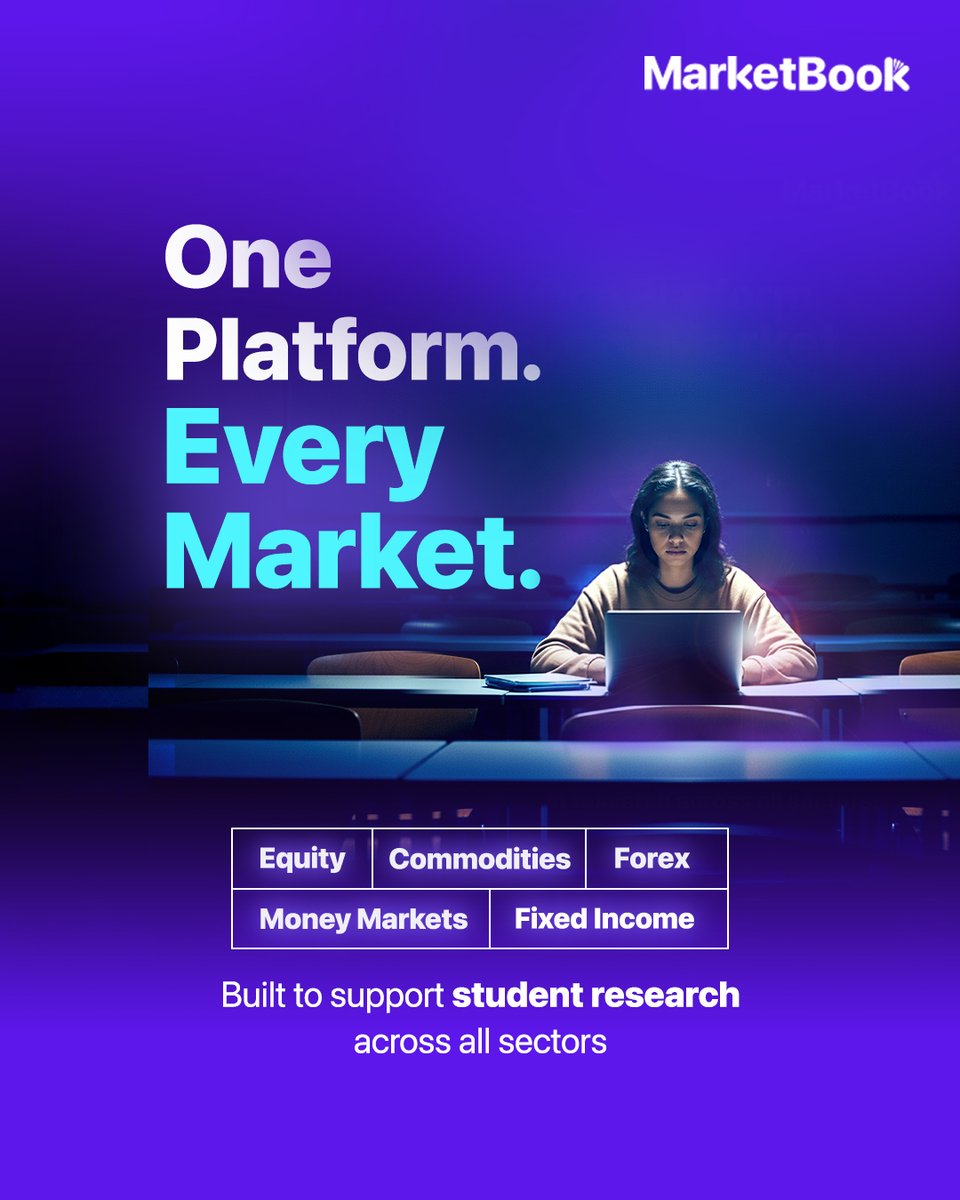 Tickermarket's tweet photo. MarketBook brings the entire financial ecosystem together in one place. Students can explore equity, commodities, forex, fixed income, and money markets through a single, unified platform.

#MarketBook #Research #Finance #Projects #Data #Analytics #Bschool #Information #Equity https://t.co/PsS9BwzmTo