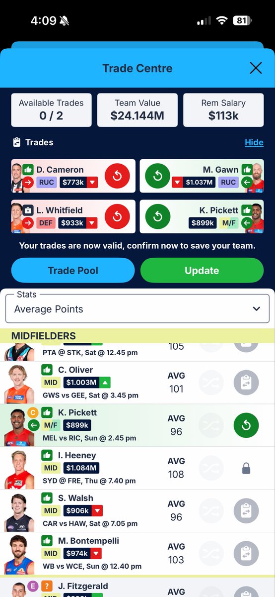 josh_spud7's tweet photo. @GoatFantasyNews Which one?? Note it would be handy to have the extra 100k from Gawn instead of Baz to upgrade banks next week https://t.co/oTj06MZLEx