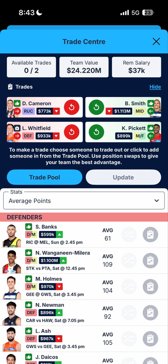 josh_spud7's tweet photo. @GoatFantasyNews Which one?? Note it would be handy to have the extra 100k from Gawn instead of Baz to upgrade banks next week https://t.co/oTj06MZLEx