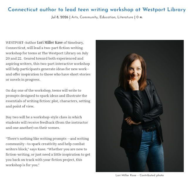 WoodhallPress's tweet photo. Westport Journal's article on #author @LoriMillerKase's TWO @WestportLibrary #teenwriters #writingworkshops featuring #YAComingofAge #novel THE ACCIDENT.

https://t.co/LrjzPQJCR6

Register for workshops at https://t.co/03lCCbC2kt

#ya #yafiction #mystery #mustread #authorevent https://t.co/jWfvXd6TgC