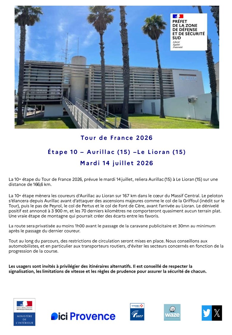 cezocsud's tweet photo. Communiqué CRZ Sud - étape 10 du TDF 2026 - Aurillac (15) - Le Lioran (15) du mardi 14 juillet 2026. https://t.co/YK3CeBqo7X