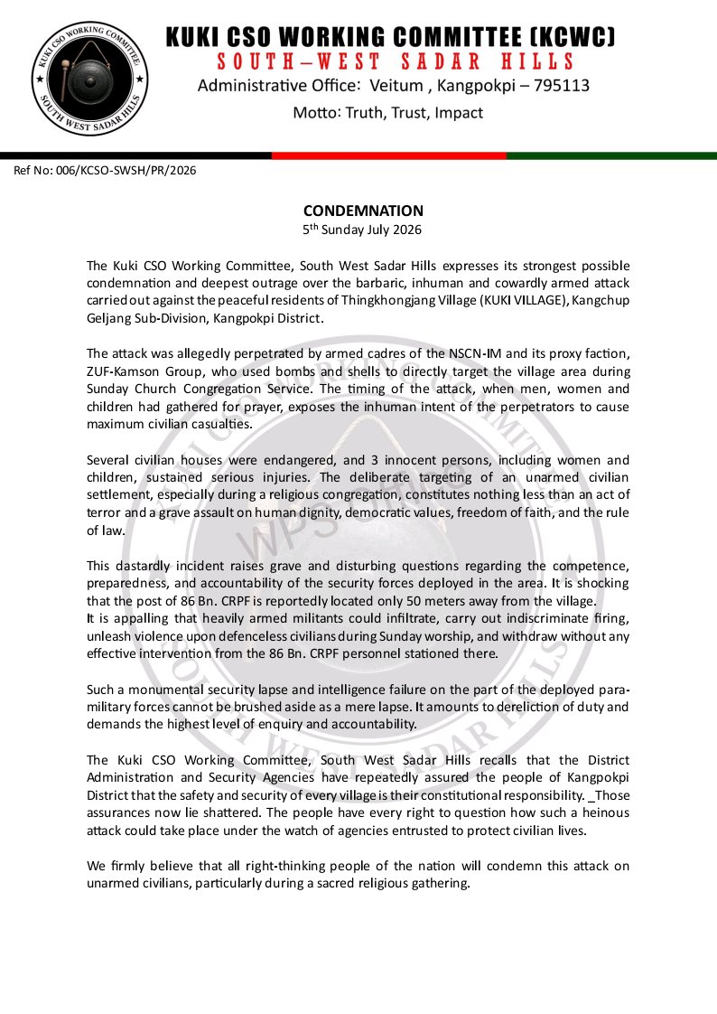 Malchapom1998's tweet photo. KCWC strongly condemned the dusk attack on Thingkhongjang village by NSCN-IM and ZUF-K militants. Two innocent residents were seriously wounded,others injured, including children, and numerous homes were burned.
Fury crowns demand remove CRPF.
@PMOIndia @HMOIndia @crpfindia https://t.co/GTKFsxi0Xa