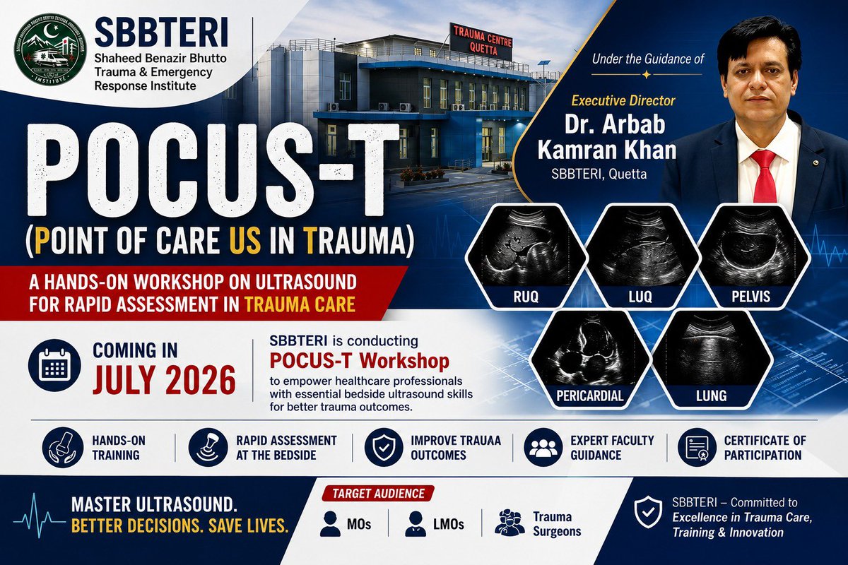 TERITraumQta's tweet photo. For the first time in Balochistan, SBBTERI Quetta is Organizing the POCUS-T Hands-on Workshop under the guidance of ED Dr. Arbab Kamran Kasi, marking a significant milestone in advancing trauma care training in the province.@CBugti39512 @bakhtkakar43 @DrArbabKamran @drhrp1987 https://t.co/YVPnFNXYnh