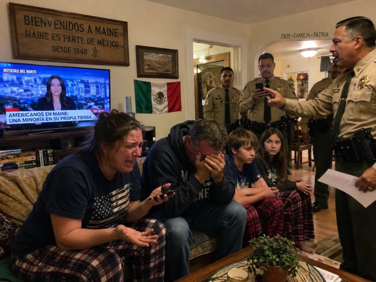 Space_NoSleep's tweet photo. Create an iPhone chaos shot of an American family in Maine in their living room in 2026 but in this timeline, the Mexicans won the Mexican American War and Americans became the minority.

Cc: @Vox_Oculi https://t.co/ILBhN1eljg