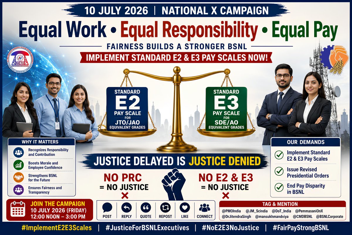 nithyajarald's tweet photo. Executives who contribute to BSNL's mission deserve equitable recognition through Standard Pay Scales.
implement E2 &amp; E3 and provide the long waited justice
@PMOIndia @BSNLCorporate @CMDBSNL
#ImplementE2E3Scales #JusticeForBSNLExecutives https://t.co/TvQM0GIJTk